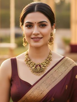 Karatcart - Antique Gold-Plated Red Crystal Goddess Lakshmi Temple Necklace With Earrings