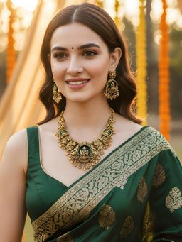 Karatcart - Antique Gold-Plated Green Crystal Goddess Lakshmi Temple Necklace With Earrings