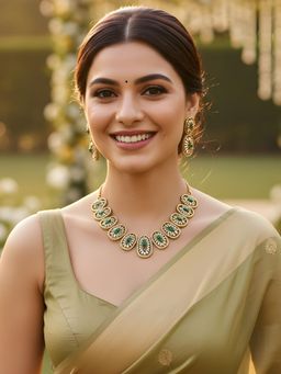 Karatcart - Stunning Oval Floral Pattern American Diamond Gold-Plated Necklace With Earrings