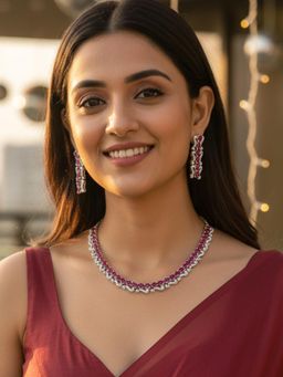 Karatcart - Elegant Red American Diamond Silver-Plated Premium Necklace With Earrings