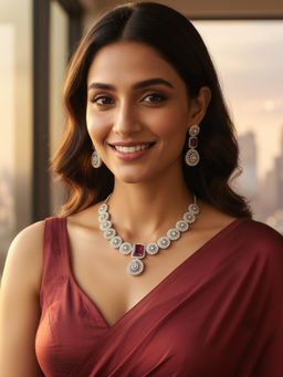 Karatcart - Sparkling Red American Diamond Silver-Tone Necklace With Earrings