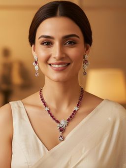 Karatcart - Dazzling Red American Diamond Silver Tone Floral Necklace With Earrings