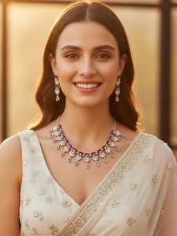 Karatcart - Elegant Ruby Red American Diamond Silver Plated Necklace With Earrings