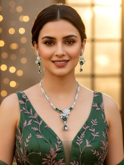 Karatcart - Sparkling Green American Diamond Silver Tone Floral Necklace With Earrings