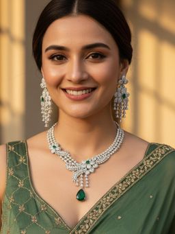 Karatcart - Dazzling Green American Diamond Silver Tone Floral Necklace With Earrings