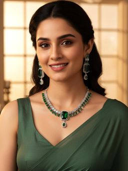 Karatcart - Sparkling Green American Diamond Silver Plated Necklace With Earrings