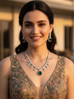 Karatcart - Elegant Green American Diamond Square Silver Tone Necklace With Earrings