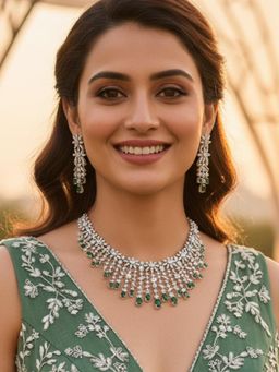 Karatcart - Sparkling Green American Diamond Silver-Plated Necklace With Earrings