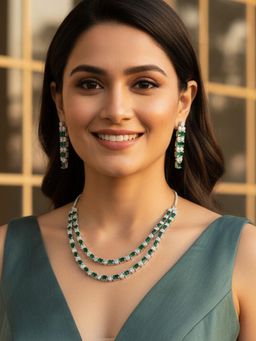 Karatcart - Sparkling Green American Diamond Lightweight Silver-Tone Necklace With Earrings