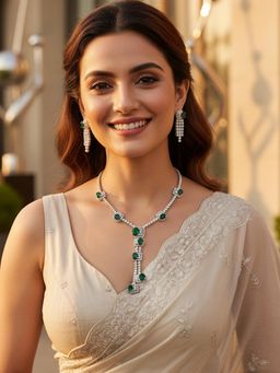 Karatcart - Silver Plated Green American Diamond Long Necklace With Earrings