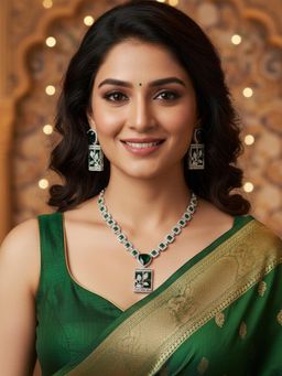 Karatcart - Designer Green Leaf American Diamond Classic Necklace With Earrings