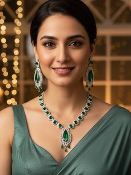 Karatcart - Designer Green Teardrop American Diamond Classic Necklace With Earrings