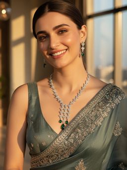 Karatcart - Elegant Green American Diamond Studded Silver Tone Long Necklace With Earrings