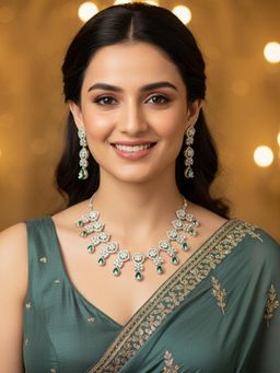 Karatcart - Traditional Green American Diamond Studded Floral Silver-Tone Necklace With Earrings