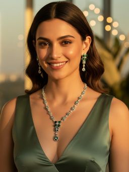 Karatcart - Sparkling Green American Diamond Studded Silver-Plated Floral Necklace With Earrings