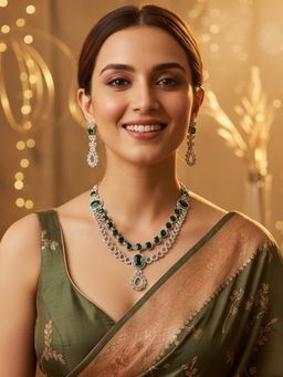 Karatcart - Elegant Green American Diamond Dual-Layer Silver-Plated Necklace With Earrings