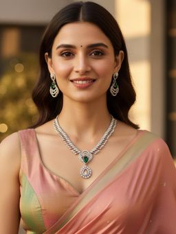 Karatcart - Sparkling Green American Diamond Lightweight Silver-Tone Necklace With Earrings