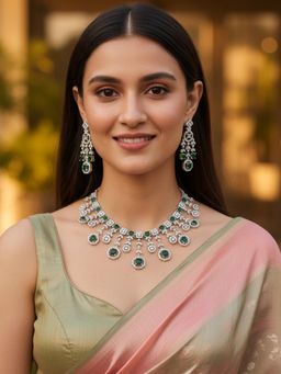 Karatcart - Designer Green American Diamond Classic Silver-Tone Necklace With Earrings