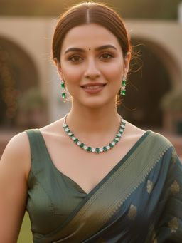 Karatcart - Silver-Plated Green American Diamond Delicate Necklace With Earrings