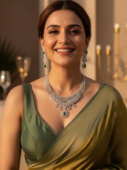 Karatcart - Stylish Green Teardrop American Diamond Silver-Tone Necklace With Earrings