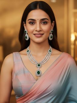 Karatcart - Traditional Green American Diamond Multilayer Rani Haar Necklace With Earrings