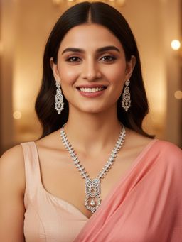 Karatcart - Elegant White American Diamond Silver-Plated Necklace With Earrings