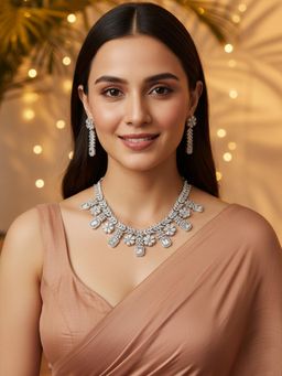 Karatcart - Sparkling White American Diamond Silver-Plated Floral Necklace With Earrings