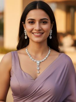 Karatcart - Glamorous White American Diamond Silver-Plated Lightweight Necklace With Earrings