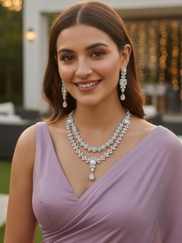 Karatcart - Sparkling Pearl and American Diamond Lightweight Silver-Tone Necklace With Earrings