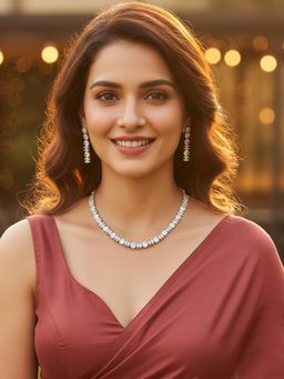 Karatcart - Sparkling American Diamond Lightweight Silver-Tone Necklace With Earrings