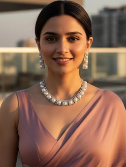 Karatcart - Elegant Pearl and American Diamond Silver-Tone Necklace With Earrings