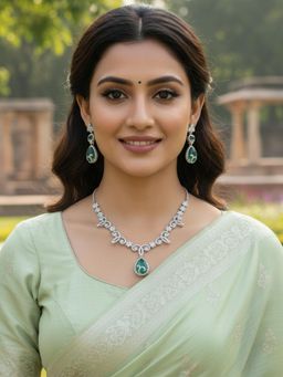 Karatcart - American Diamond Silver-Plated Lightweight Necklace With Earrings