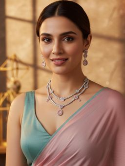 Karatcart - Sparkling Pink American Diamond Dual-Layer Silver-Plated Necklace With Earrings