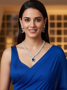 Karatcart - Sparkling Blue American Diamond Lightweight Silver-Tone Necklace With Earrings