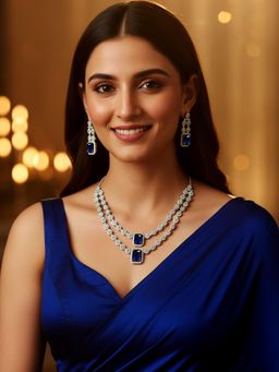 Karatcart - Elegant Blue American Diamond Dual-Layer Silver-Plated Necklace With Earrings