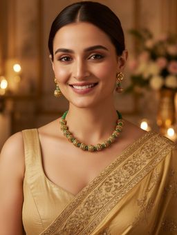 Karatcart - Elegant Green Beaded Gold-Plated Traditional Necklace With Earrings