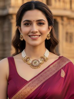 Karatcart - Radiant Red and Green Stone Ethnic Gold-Plated Royal Necklace With Earrings