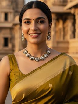 Karatcart - Dazzling Green Meena Floral Kundan Gold-Plated Handcrafted Necklace With Earrings