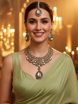 Karatcart - Luxurious Red and Green Kundan Choker Necklace With Earrings & Maangtika