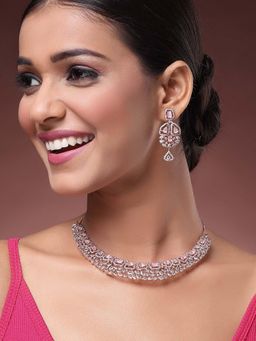 Karatcart - Luxurious Rose Gold Plated Pink Cubic Zirconia Choker Necklace With Earrings