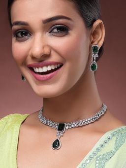 Karatcart - Royal Silver Plated Green Cubic Zirconia Necklace With Earrings