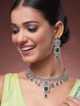Karatcart - Royal Silver Plated Green Cubic Zirconia Choker Necklace With Earrings