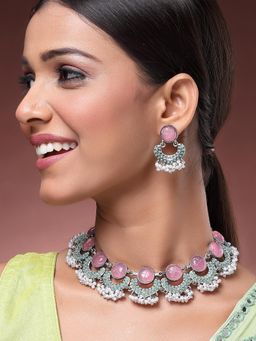 Karatcart - Green and Pink Carved Stone Oxidised Silver Necklace With Earrings