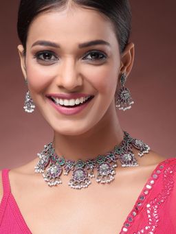 Karatcart - Red and Green Stone Oxidised Silver Floral Necklace With Earrings