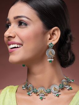 Karatcart - Dual Tone Antique Silver and Gold Green Peacock Necklace With Earrings