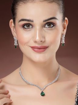 Karatcart - Elegant Silver Plated Green AD Necklace With Earrings