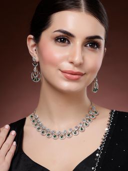 Karatcart - Elegant Green American Diamond Silver Plated Necklace With Earrings