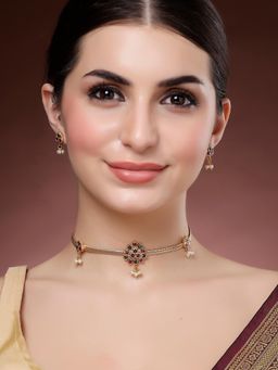 Karatcart - Floral Design Gold Plated Red and Green Stone Necklace With Earrings