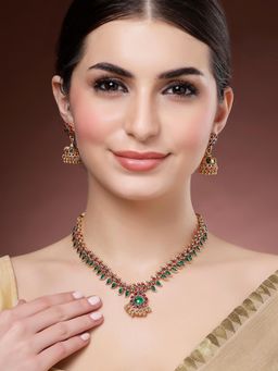 Karatcart - Red and Green Stone Floral Design Necklace With Earrings