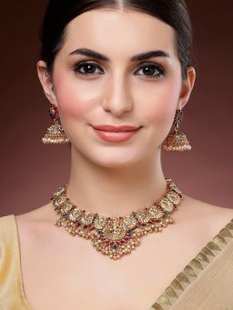 Karatcart - Traditional Gold Plated Temple Necklace With Earrings with Pearls and Kundan